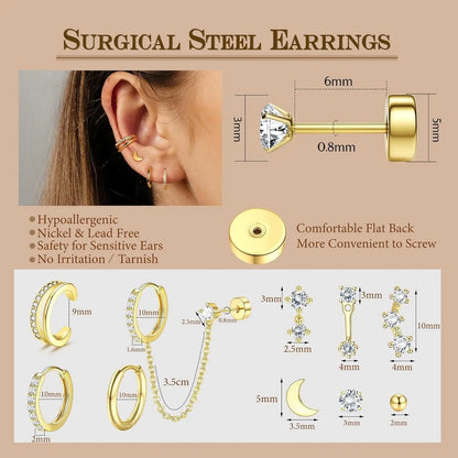 10 Pairs Hypoallergenic 20G Surgical Steel Flat Back Stud Earrings