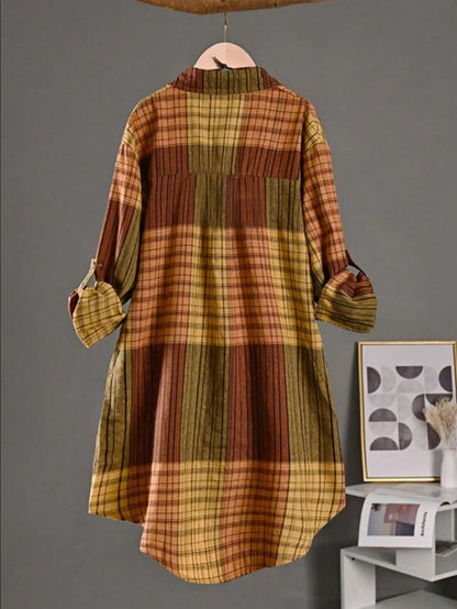 Plus Size Casual Retro Midi Women's Striped Plaid Loose Long Sleeve