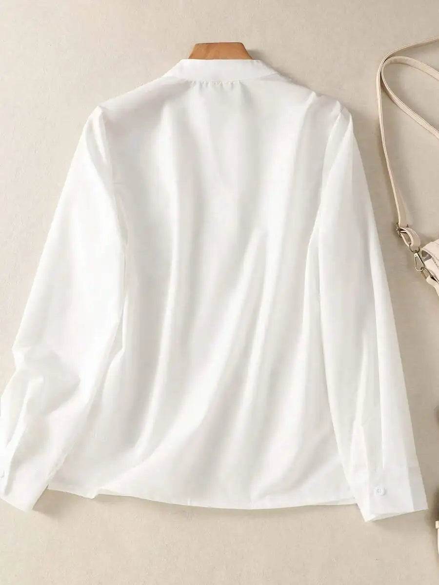 Women's White Linen Blend Button-Up Blouse with V-Neck and Chest Pocket