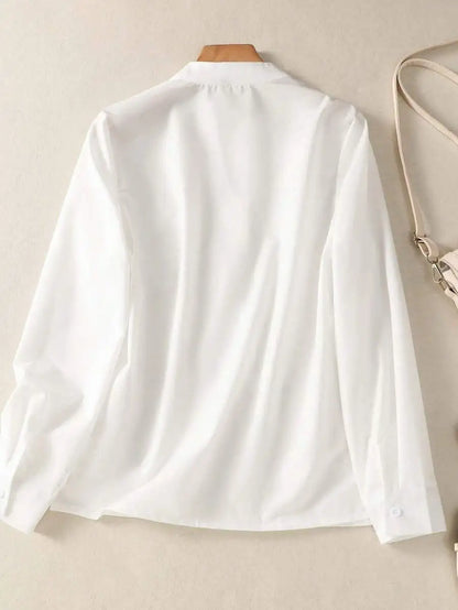 Women's White Linen Blend Button-Up Blouse with V-Neck and Chest Pocket