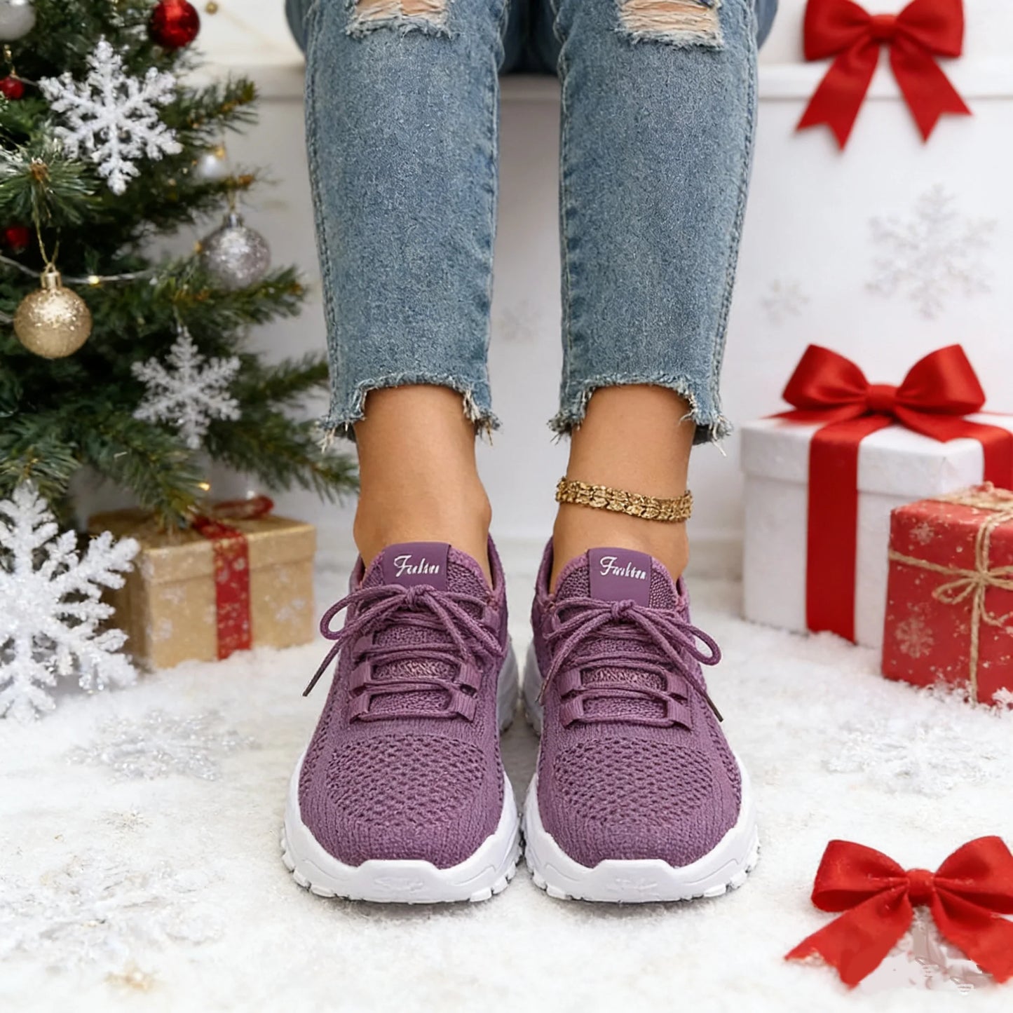 Fashion Knitted Sneakers for Women Mesh Breathable Lace-up Casual Sports Shoes