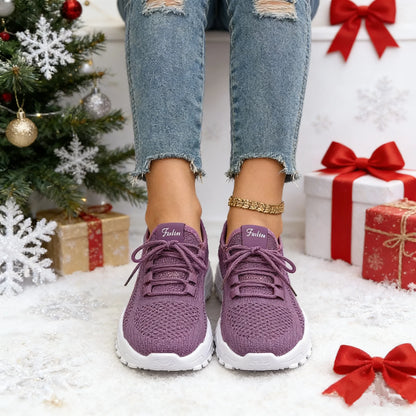 Fashion Knitted Sneakers for Women Mesh Breathable Lace-up Casual Sports Shoes