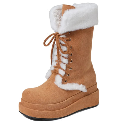 Winter Warm Faux Fur Mid Calf Snow Boots Platform Wedges High Heels Side Zipper Lace-up Boots for Women