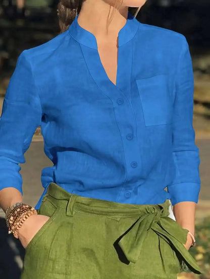 Women's White Linen Blend Button-Up Blouse with V-Neck and Chest Pocket