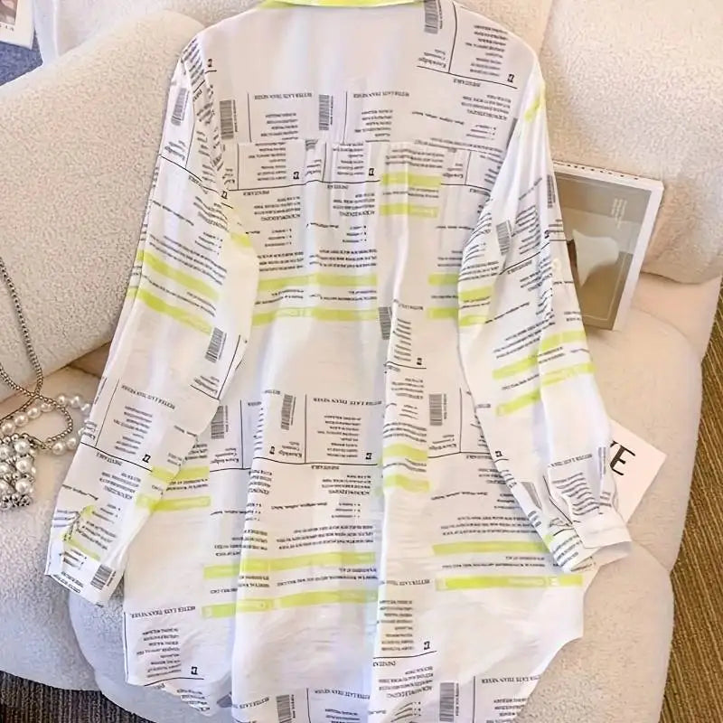 Plus Size Letter Print Shirt Oversized Casual Long Sleeve Top