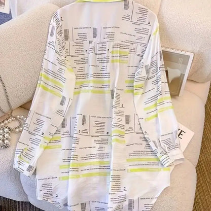 Plus Size Letter Print Shirt Oversized Casual Long Sleeve Top