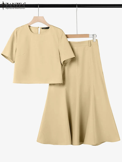 ZANZEA Fashion 2PCS Women Summer Dress Set Short Sleeve Blouse Sundress Casual Solid Outfits