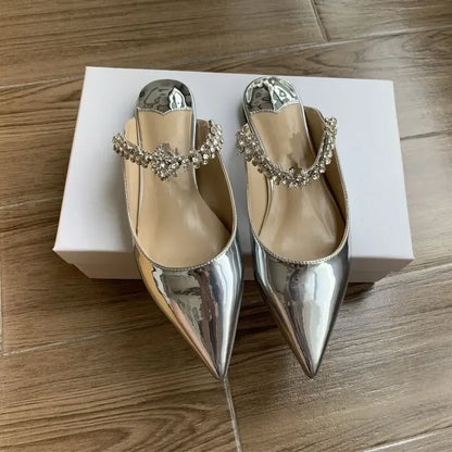2025 New Fashionable Fine Heeled Muller Shoes with Pointed Water Diamond Chain Banquet