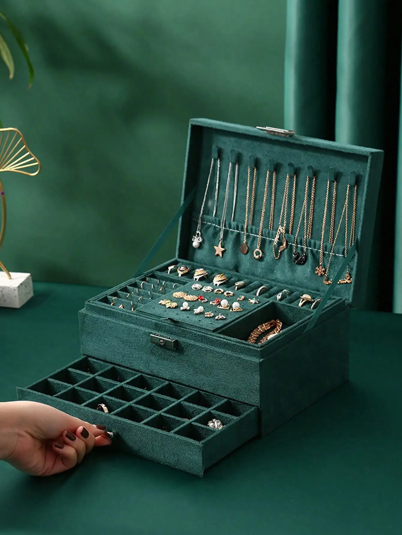 Luxury Dark Green Multi-Layer Jewelry Box