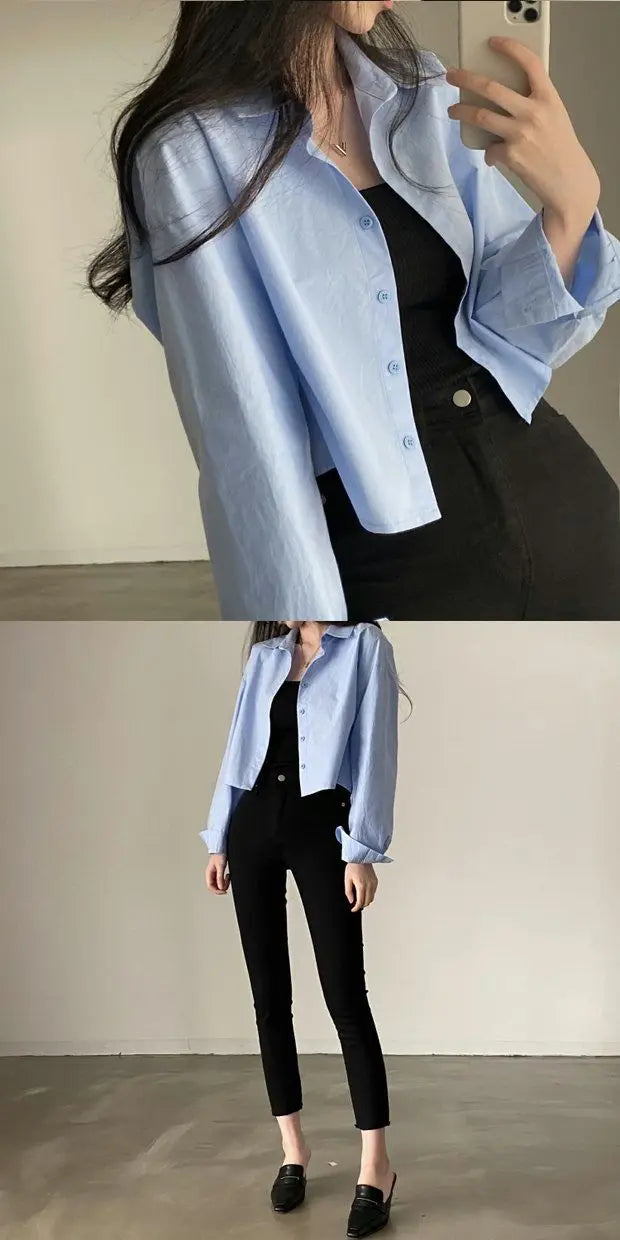 Spring New Casual Long Sleeve Women White Shirt Solid Button Split Woman Crop Tops
