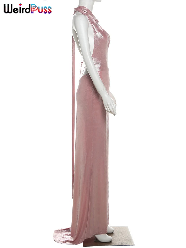 Halter Tassel Dress Backless Deep V-Neck Long Bodycon
