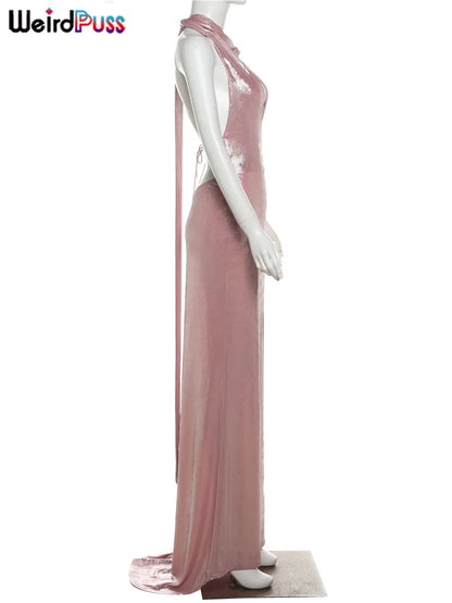 Halter Tassel Dress Backless Deep V-Neck Long Bodycon