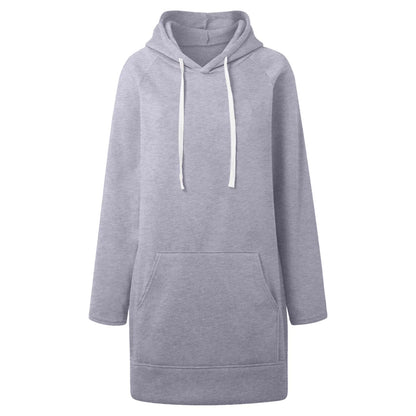 Women Solid Color Hoodie Dress Casual Loose Pullover Long Sleeve Drawstring Mid Dress with Side Slit