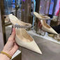 2025 New Fashionable Fine Heeled Muller Shoes with Pointed Water Diamond Chain Banquet
