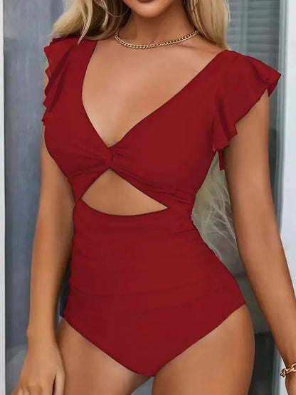 Contrast Mesh One Piece Swimsuit, V Neck Solid Color Backless Tummy Control High Cut Bathing Suit,