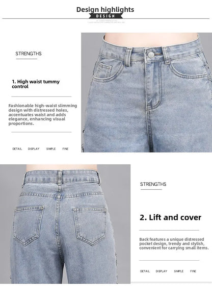 Hollow Wide Leg Jeans Casual Design Slimming High Waist