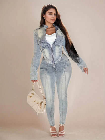 Women's new denim long sleeved jacket with elastic denim pants set, slimming and lifting buttocks
