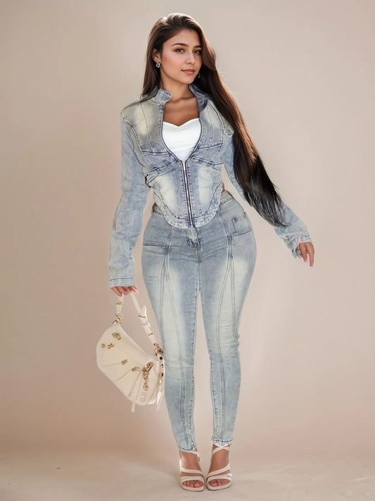 Women's new denim long sleeved jacket with elastic denim pants set, slimming and lifting buttocks