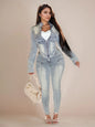 Women's new denim long sleeved jacket with elastic denim pants set, slimming and lifting buttocks