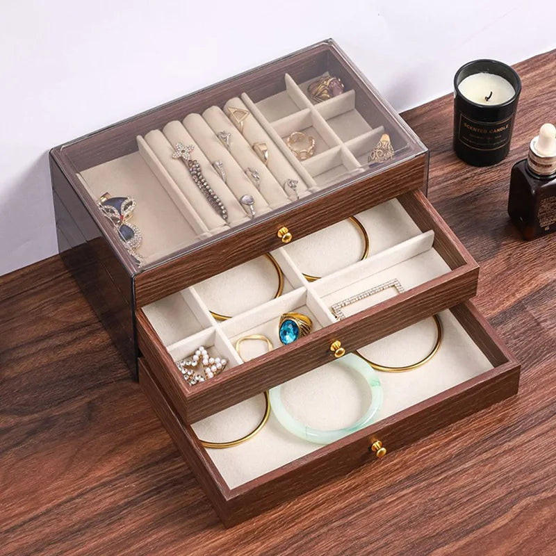 New walnut pattern three-layer drawer jewelry storage box
