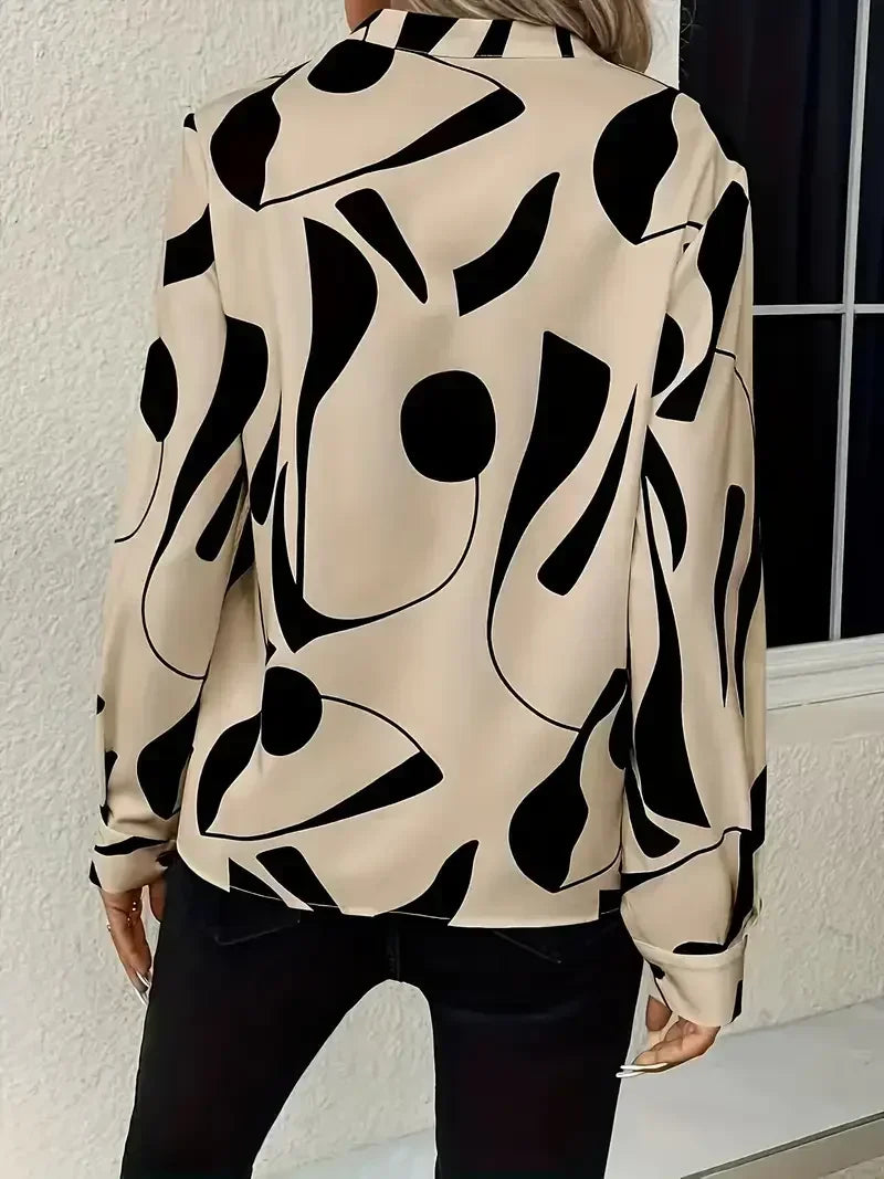 Plus Size Autumn New Women's Casual Graphic Print Notched Neck Blouse