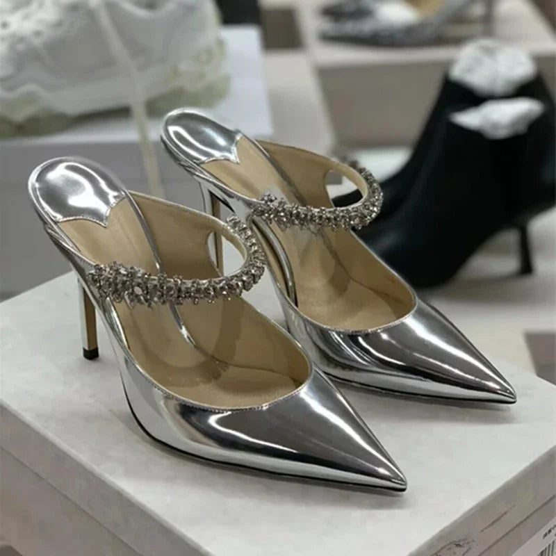 2025 New Fashionable Fine Heeled Muller Shoes with Pointed Water Diamond Chain Banquet