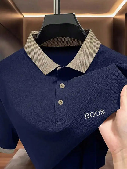 Pink Short-Sleeve Polo Shirt with Contrast Collar and Embroidered Text Design