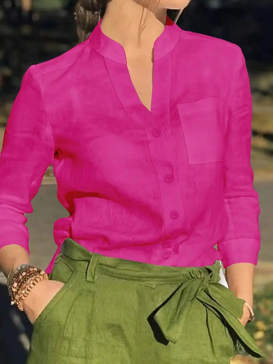 Women's White Linen Blend Button-Up Blouse with V-Neck and Chest Pocket