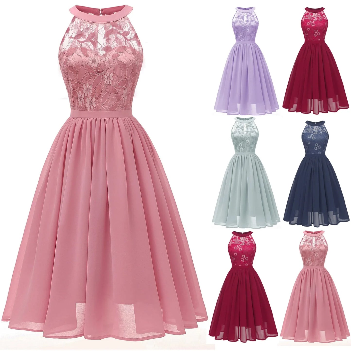 Women's Evening Dress Sexy Lace Chiffon Evening Gowns Ladies Sleeveless Robe Elegant Solid Cocktail Party Dresses Vestidos