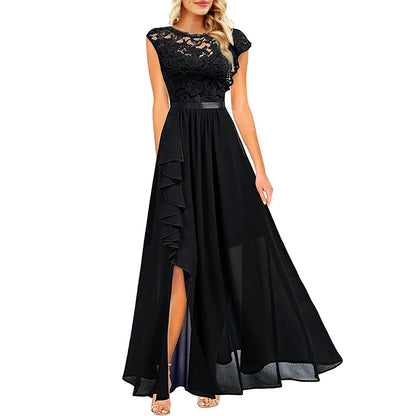 Elegant Women Sleeveless Long Evening Dress With Belt Slit Ruffles
