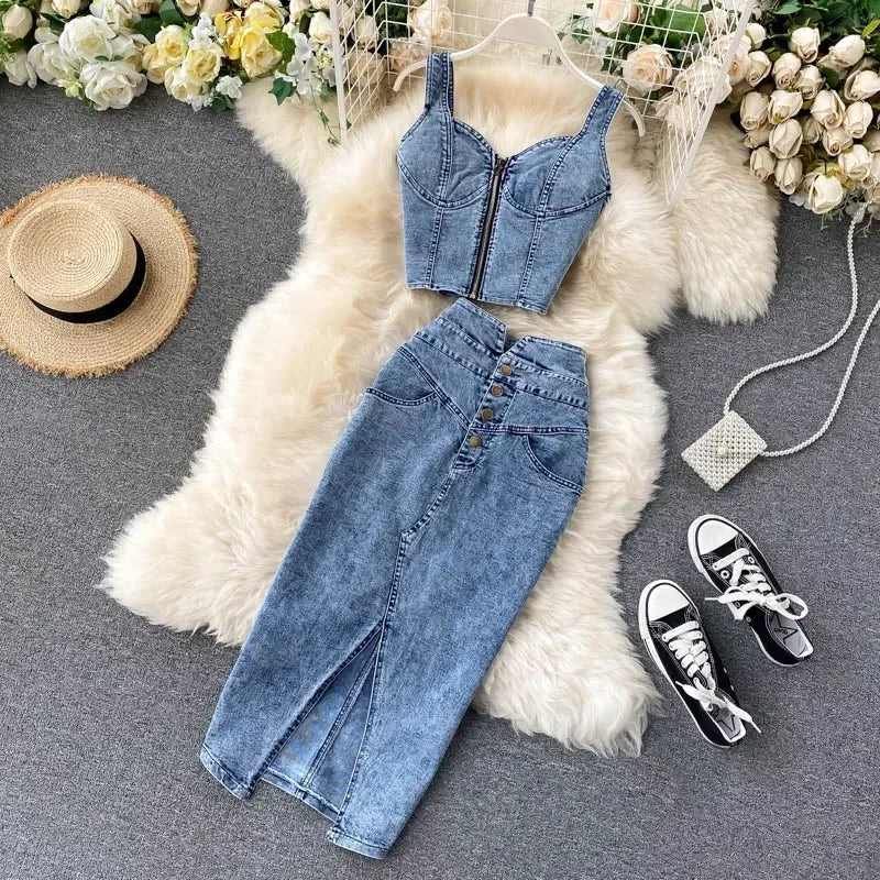 denim 2 piece outfits summer top and skirt