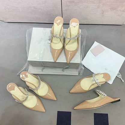 2025 New Fashionable Fine Heeled Muller Shoes with Pointed Water Diamond Chain Banquet