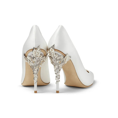 Luxury Leaves Metal Heel Women Shoes Pointed Toe Blue White Pink Black Silk Stiletto High Heels