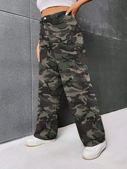 Plus Size Camo Print Wide Leg Cargo Jeans for Women