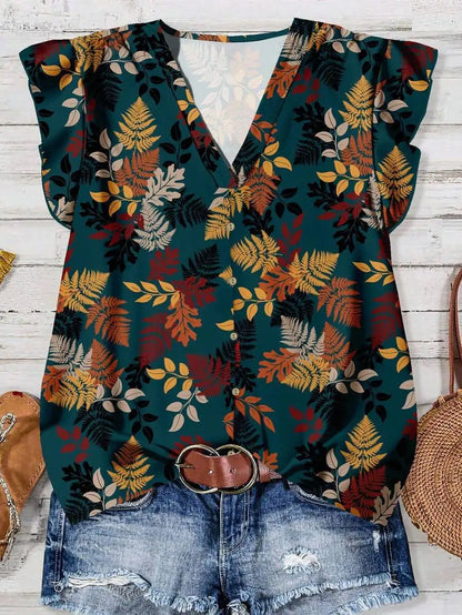 Women's V-Neck Floral Print Button-Up Blouse, Loose Fit, Lightweight