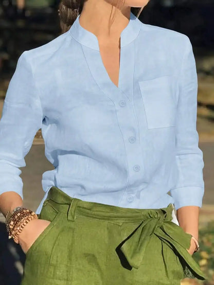 Women's White Linen Blend Button-Up Blouse with V-Neck and Chest Pocket