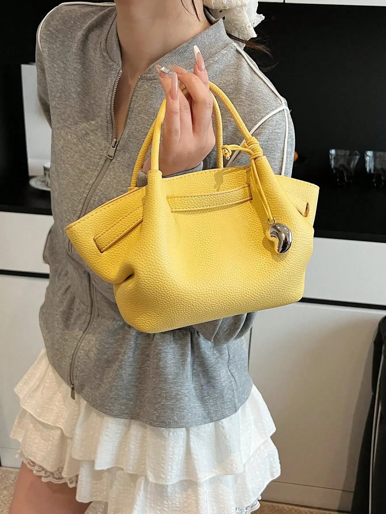 Bright Yellow Textured Leather Top-Handle Tote Bag, Large Capacity Casual Shoulder Crossbody