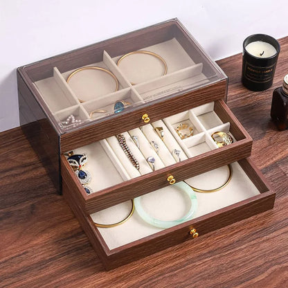 New walnut pattern three-layer drawer jewelry storage box