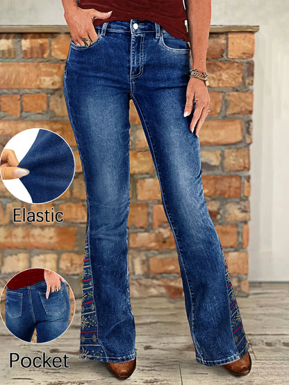 Women's plus-size high-waist jeans, dark blue ethnic-style embroidered flare jeans