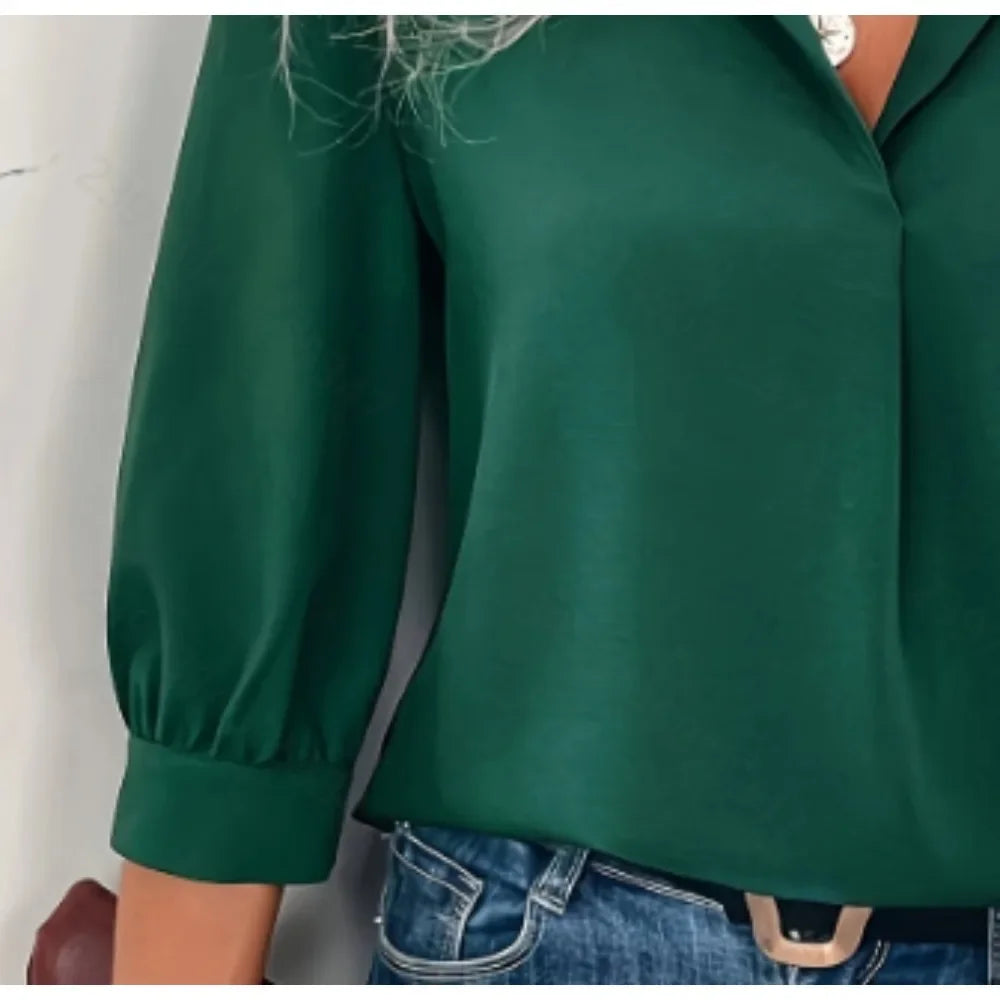 Plus Size 1XL-5XL Autumn New Women's Lapel Simple Solid Color V-neck Shirt