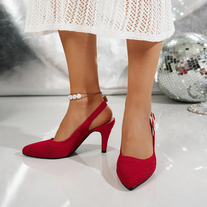 Vintage Green Knitted Slingback Sandal. Pointed Toe Breathable Net Dress Pumps