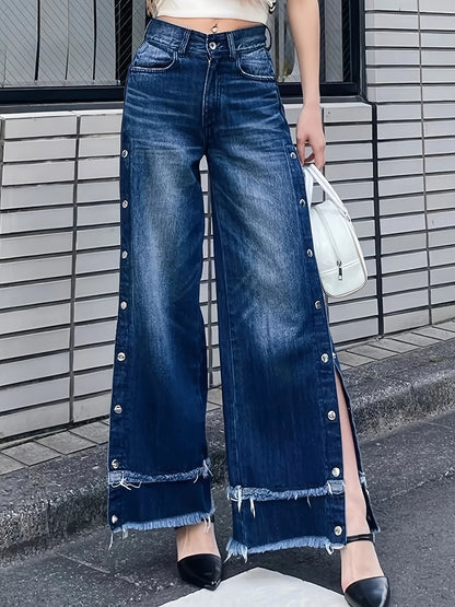 Women's casual wide-leg jeans, mid-rise, fashionable adjustable side buttons, double-layer frayed hem