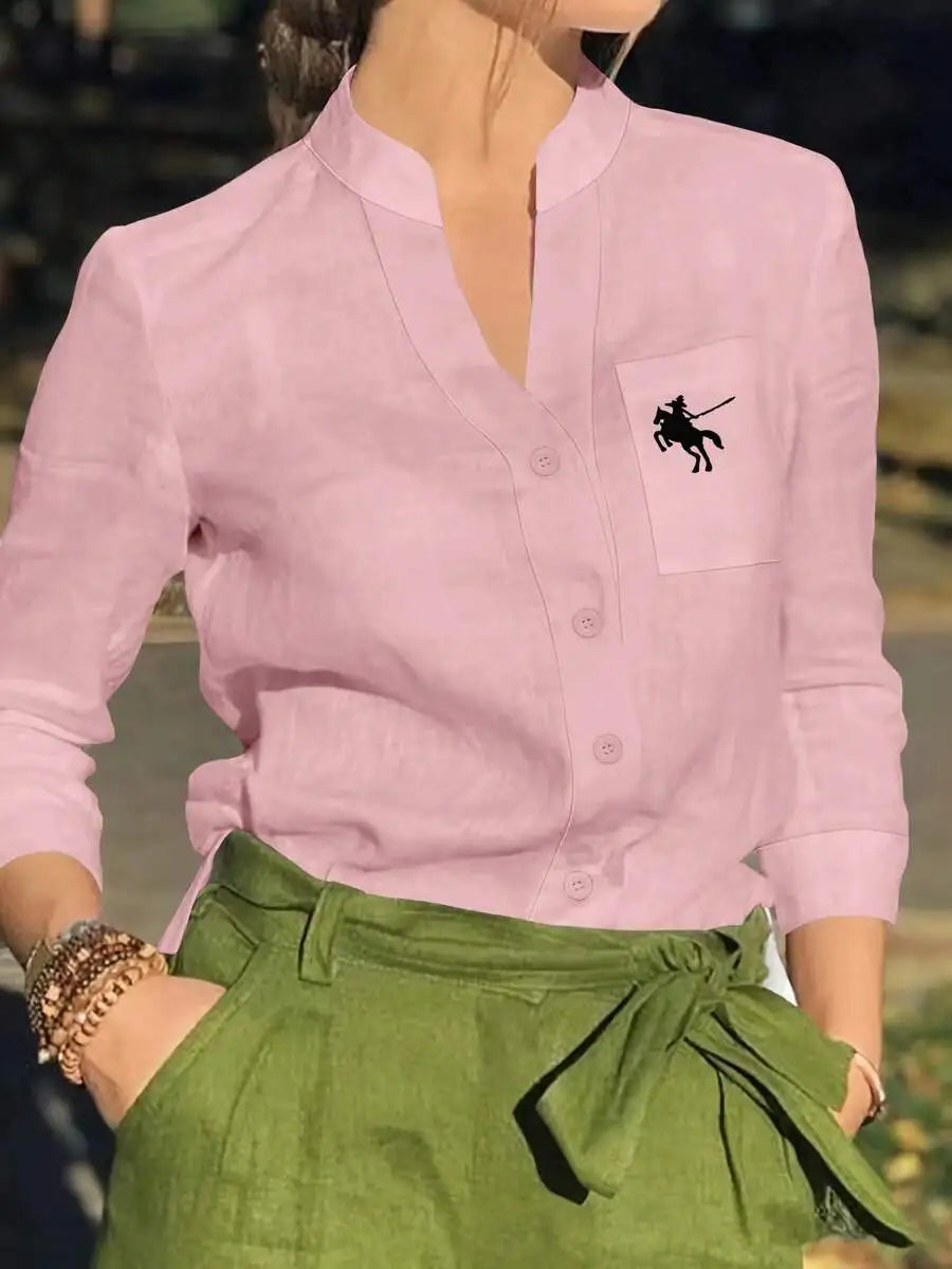 Women's White Linen Blend Button-Up Blouse with V-Neck and Chest Pocket