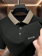 Pink Short-Sleeve Polo Shirt with Contrast Collar and Embroidered Text Design