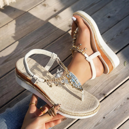 Womens Sandals Bohemian Rhinestone Wedge Heel Thick Sole Comfortable Sandals