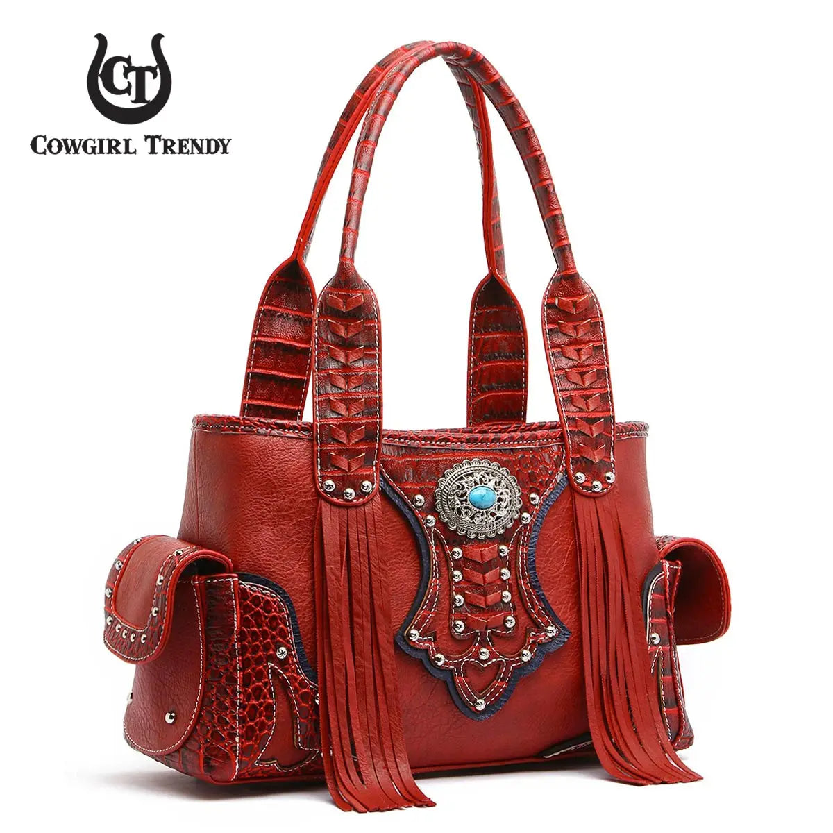 Western Style Cowgirl Woven Fringe Crocodile Gorgeous Purse Conchos Women Handbag Shoulder Bags Wallet Set