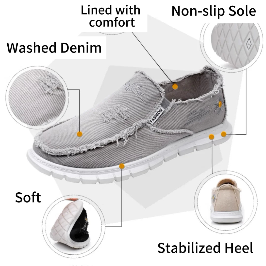 Daisy embroidery denim, casual sneaker.