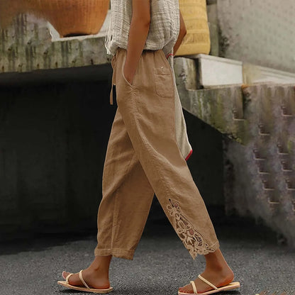 High Waist Casual Lace Spliced Pants Drawstring Pockets