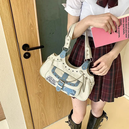 Gothic Punk Y2K One Shoulder Tote Bag, Harajuku Aesthetic Leather Patchwork Casual Handbag.