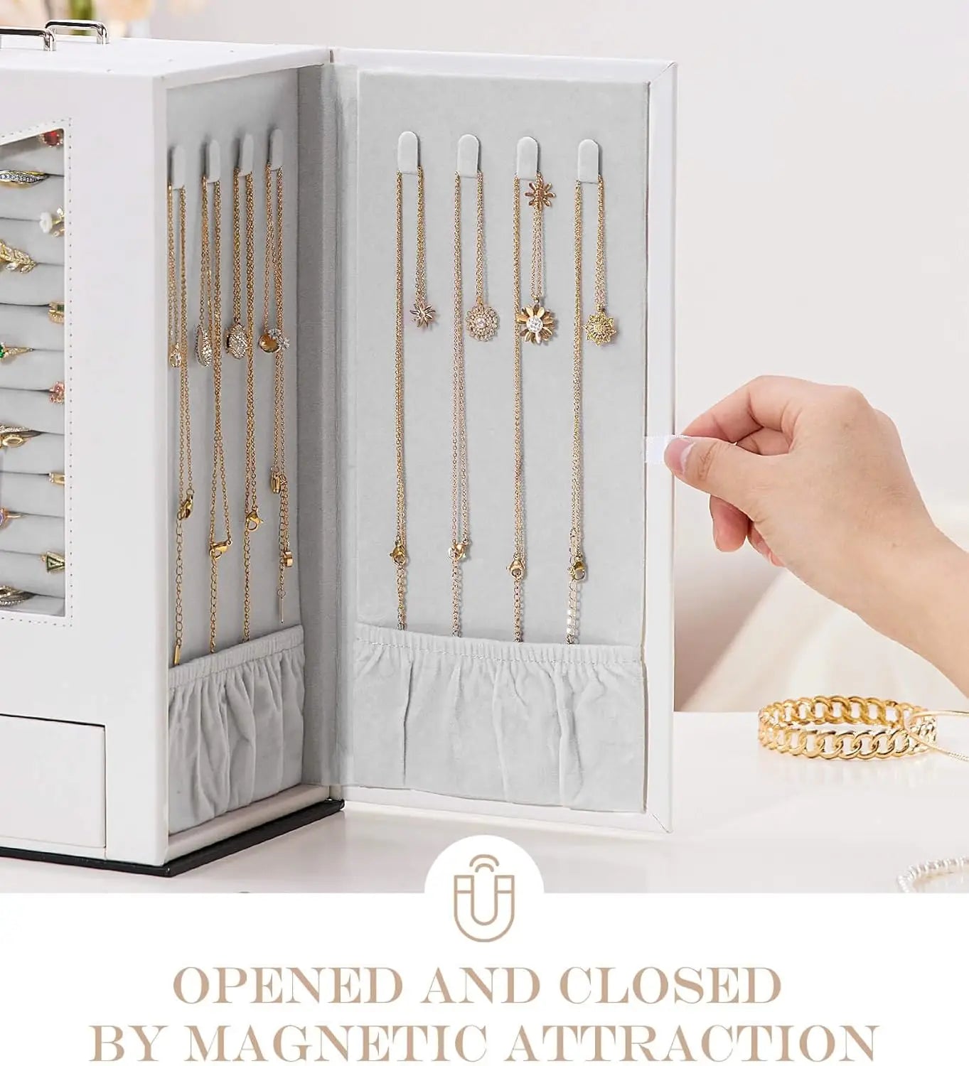 Jewelry Organizer with Transparent Window Necklace Hooks Jewelry Box Display